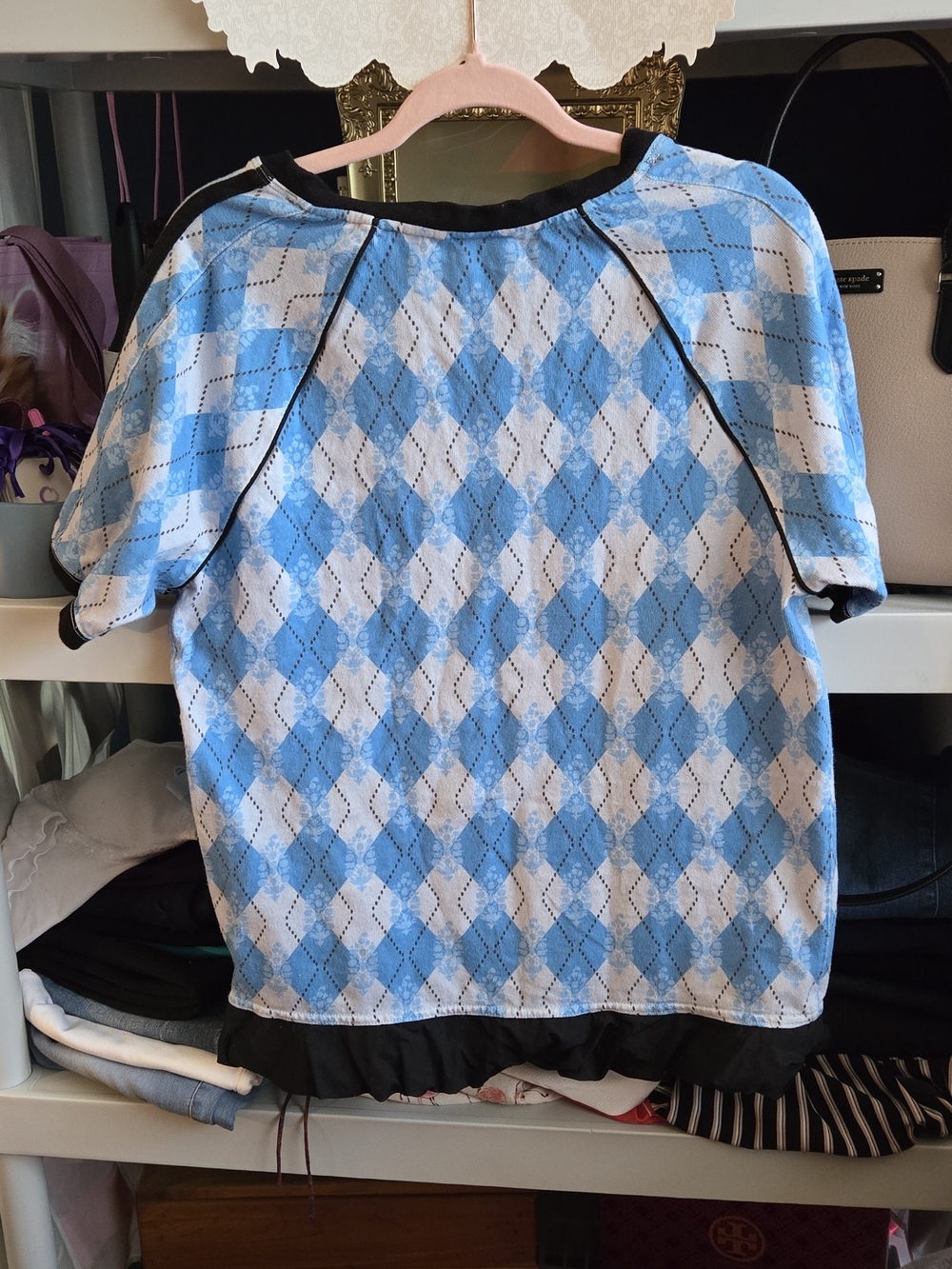 FP Movement Blue and White Argyle V‑Neck Jersey Top - Picture 2 of 8